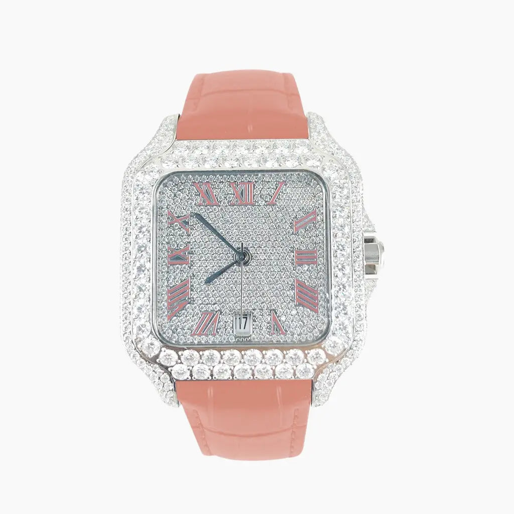 Moissanite 40mm Pink Leather Band Automatic Watch Cartice-jewelry