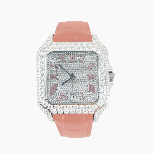 Moissanite 40mm Pink Leather Band Automatic Watch Cartice-jewelry