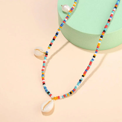 Colorful Beaded Shell Necklace with Handmade Braided Pearl Rice Beads - Gold - Cartice™LuxuryJewelryGoldSilverWatchBraceletNecklaceChainIced-outCubanMoissaniteTarnish-freeStainlessDurablePremiumShinePlatedStatementDiamondAffordable