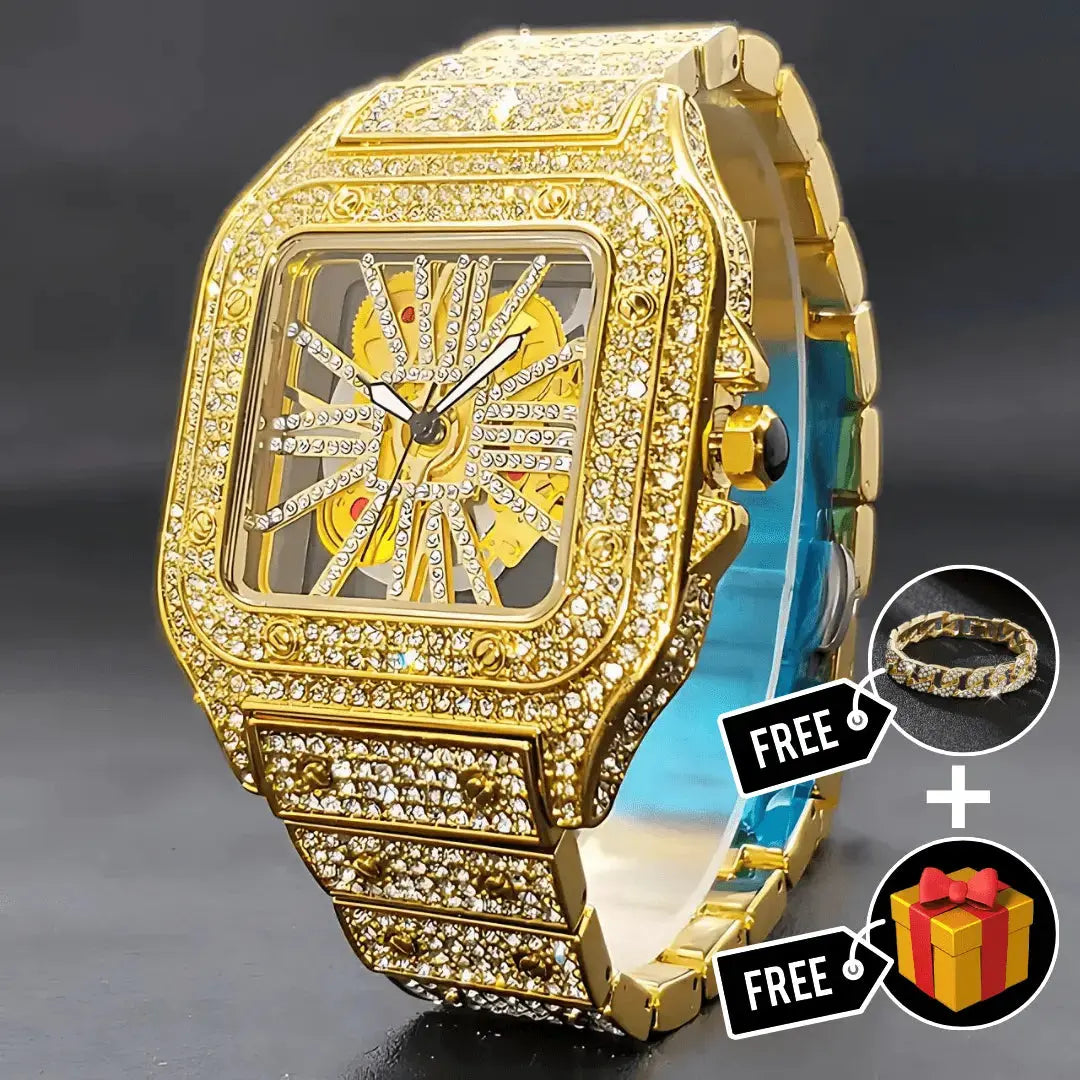 Skeleton Iced Out Watch - Cartice™LuxuryJewelryGoldSilverWatchBraceletNecklaceChainIced-outCubanMoissaniteTarnish-freeStainlessDurablePremiumShinePlatedStatementDiamondAffordable