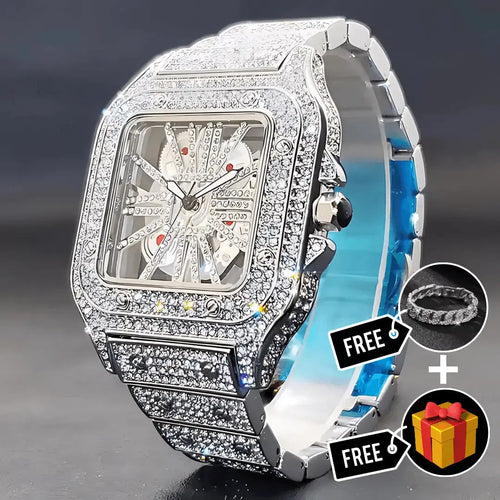 Skeleton Iced Out Watch - Cartice™LuxuryJewelryGoldSilverWatchBraceletNecklaceChainIced-outCubanMoissaniteTarnish-freeStainlessDurablePremiumShinePlatedStatementDiamondAffordable