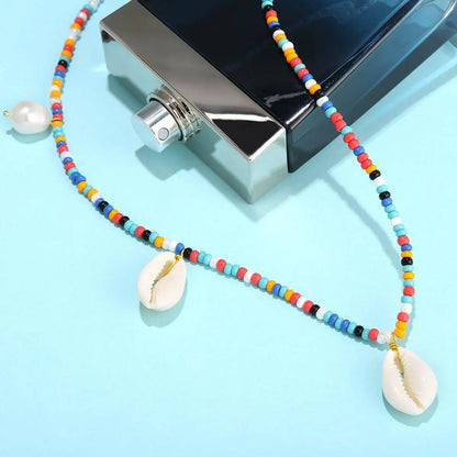 Colorful Beaded Shell Necklace with Handmade Braided Pearl Rice Beads - Gold - Cartice™LuxuryJewelryGoldSilverWatchBraceletNecklaceChainIced-outCubanMoissaniteTarnish-freeStainlessDurablePremiumShinePlatedStatementDiamondAffordable