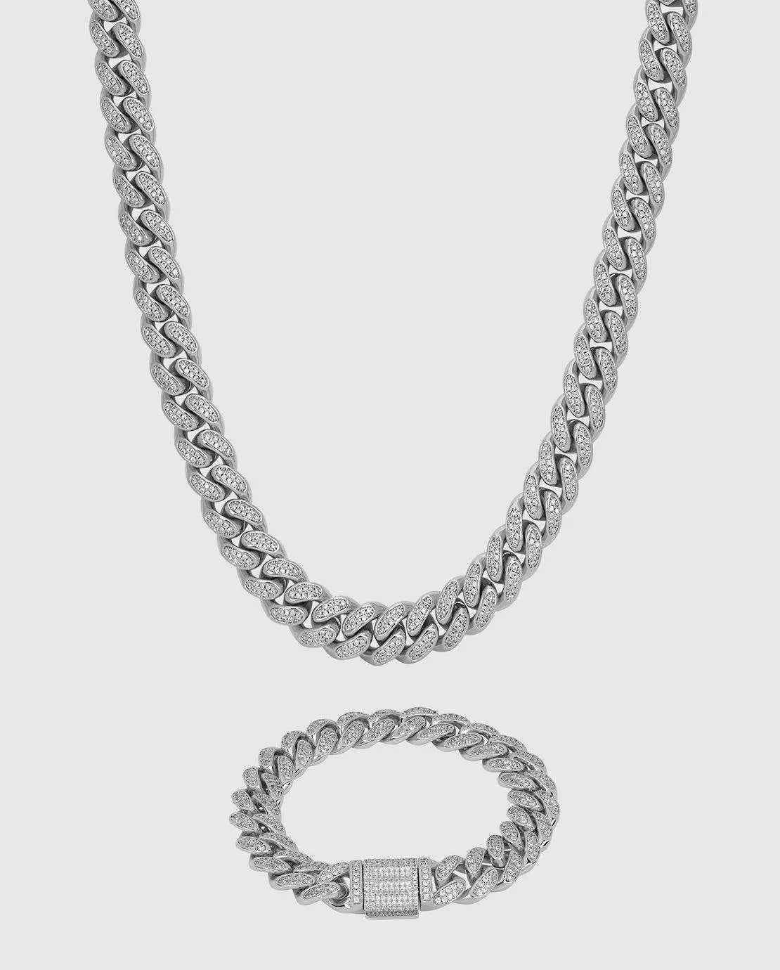 12mm Iced Cuban Chain + Bracelet Bundle - White Gold - Cartice™LuxuryJewelryGoldSilverWatchBraceletNecklaceChainIced-outCubanMoissaniteTarnish-freeStainlessDurablePremiumShinePlatedStatementDiamondAffordable