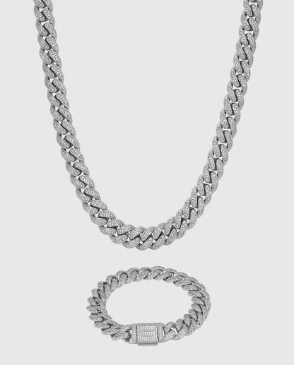 12mm Iced Cuban Chain + Bracelet Bundle - White Gold - Cartice™LuxuryJewelryGoldSilverWatchBraceletNecklaceChainIced-outCubanMoissaniteTarnish-freeStainlessDurablePremiumShinePlatedStatementDiamondAffordable