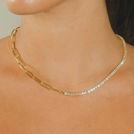 Half Tennis Half Hermes Necklace - Gold - Cartice™LuxuryJewelryGoldSilverWatchBraceletNecklaceChainIced-outCubanMoissaniteTarnish-freeStainlessDurablePremiumShinePlatedStatementDiamondAffordable