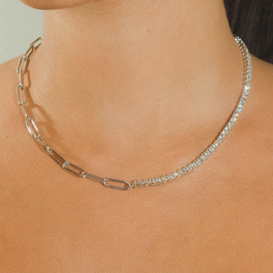 Half Tennis Half Hermes Necklace - White Gold - Cartice™LuxuryJewelryGoldSilverWatchBraceletNecklaceChainIced-outCubanMoissaniteTarnish-freeStainlessDurablePremiumShinePlatedStatementDiamondAffordable